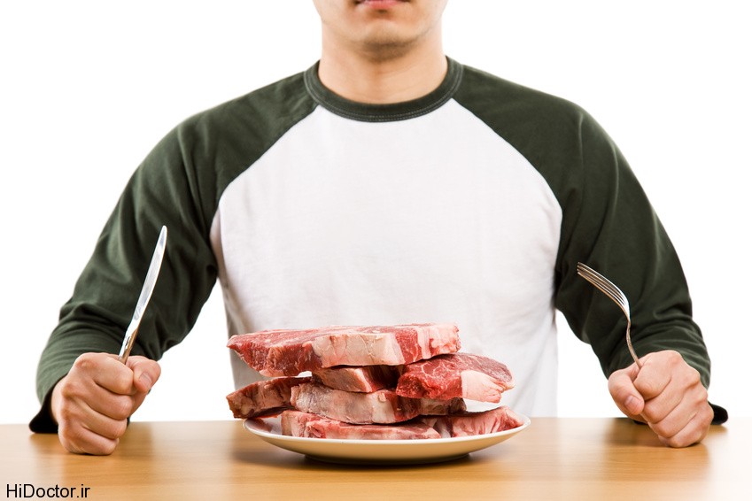 A man holding a knife and a fork with a stack of raw steak