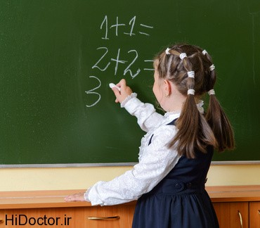 Little happy schoolgirl writing on blackboard