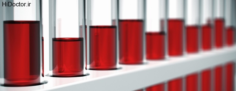 Glass laboratory chemical test tubes with red liquid or blood. Selective focus effect